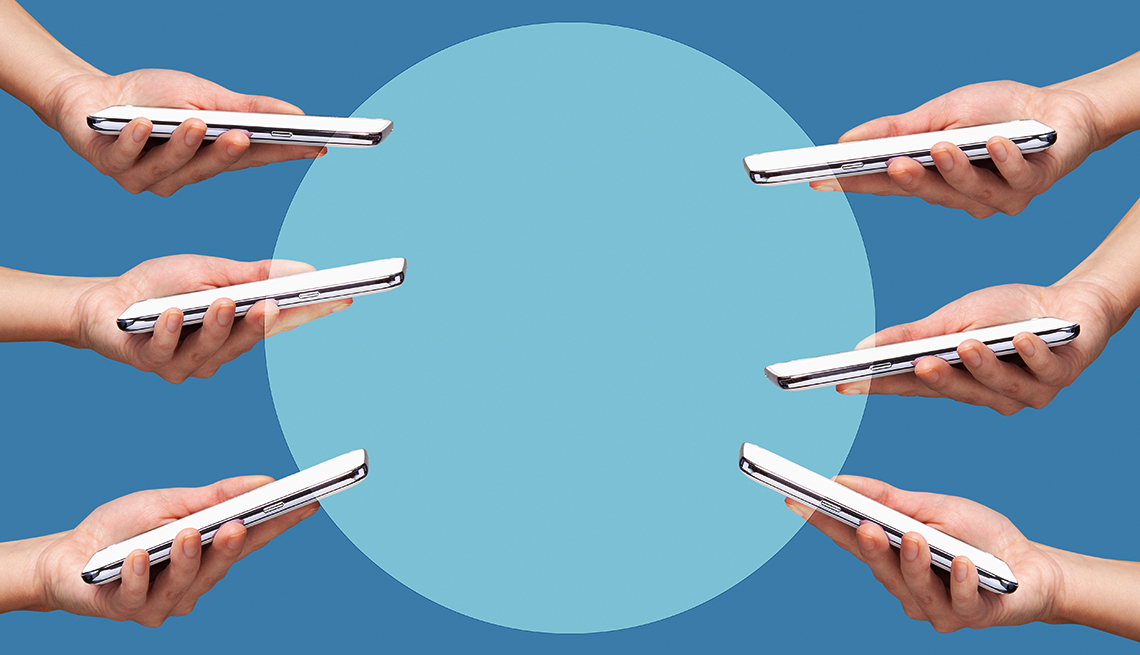 Una mano que sostiene un teléfono se repite 6 veces alrededor de un círculo azul