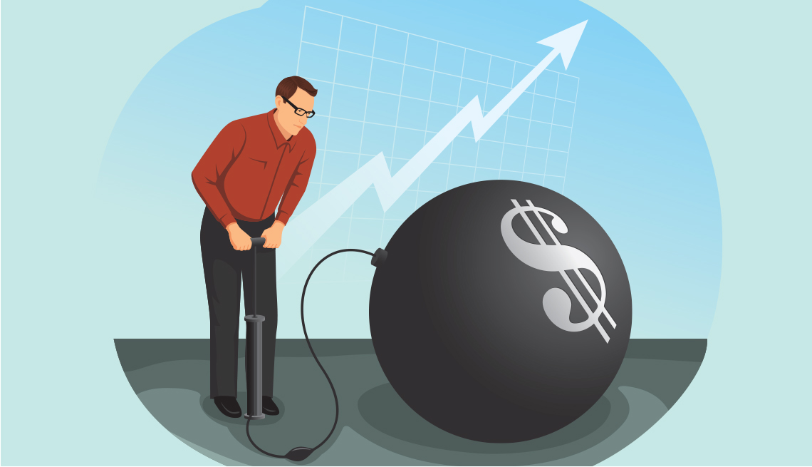 Ilustración de un hombre inflando un globo gigante con el signo de dólares