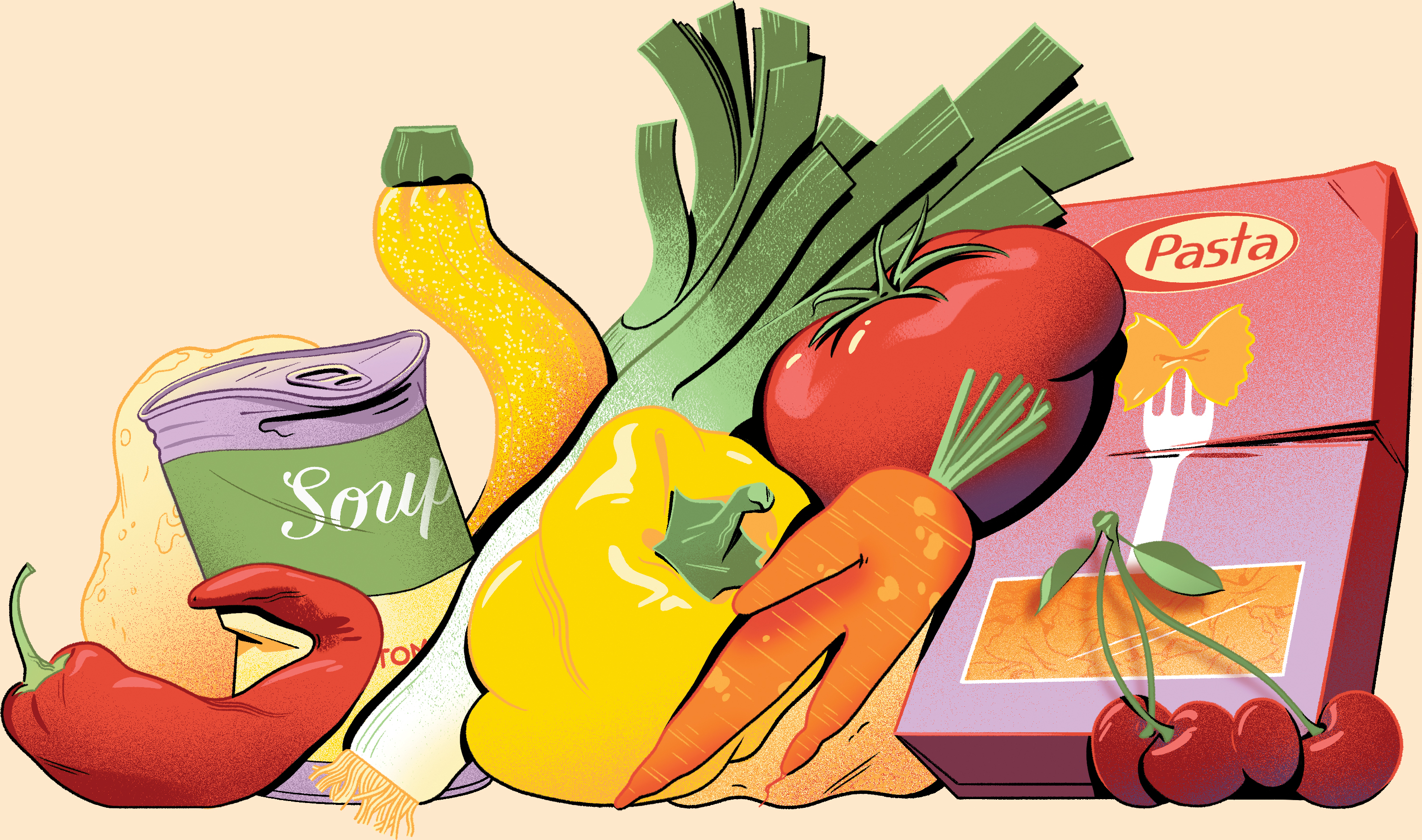 Ilustración de vegetales, una caja de pasta y una sopa enlatada