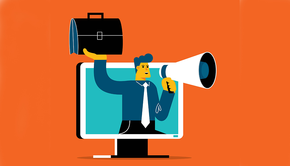 Ilustración de un hombre con un maletín y un megáfono que sale de una computadora