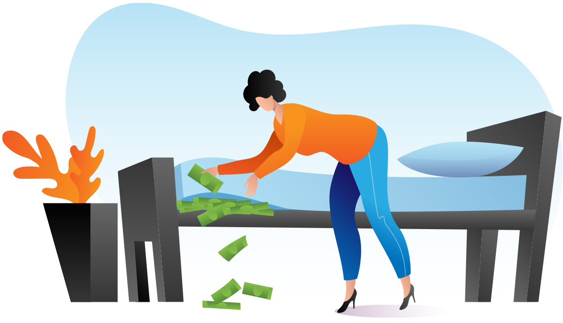 Ilustración de una mujer que deja caer dólares que salen del colchón de una cama.