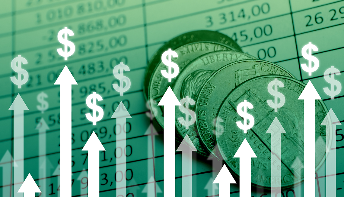 Flechas hacia arriba con el signo de dólares al final y un cuadro con cifras detrás.