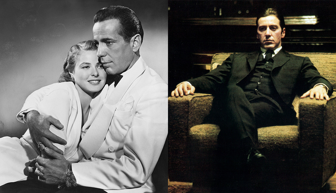 Humphrey Bogart e Ingrid Bergman se abrazan en la película Casablanca y Al Pacino se sientado en una silla en el filme The Godfather Part Two.