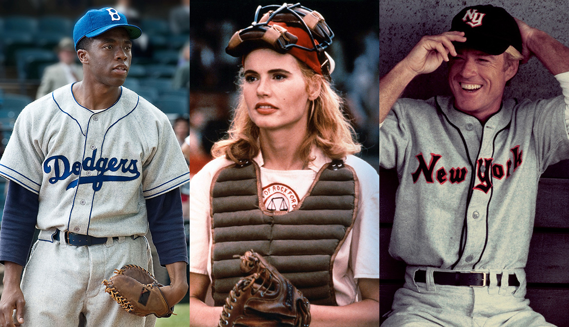Chadwick Boseman como Jackie Robinson en 42, Geena Davis como Dottie Hinson en A League of Their Own y Robert Redford como Roy Hobbs en The Natural