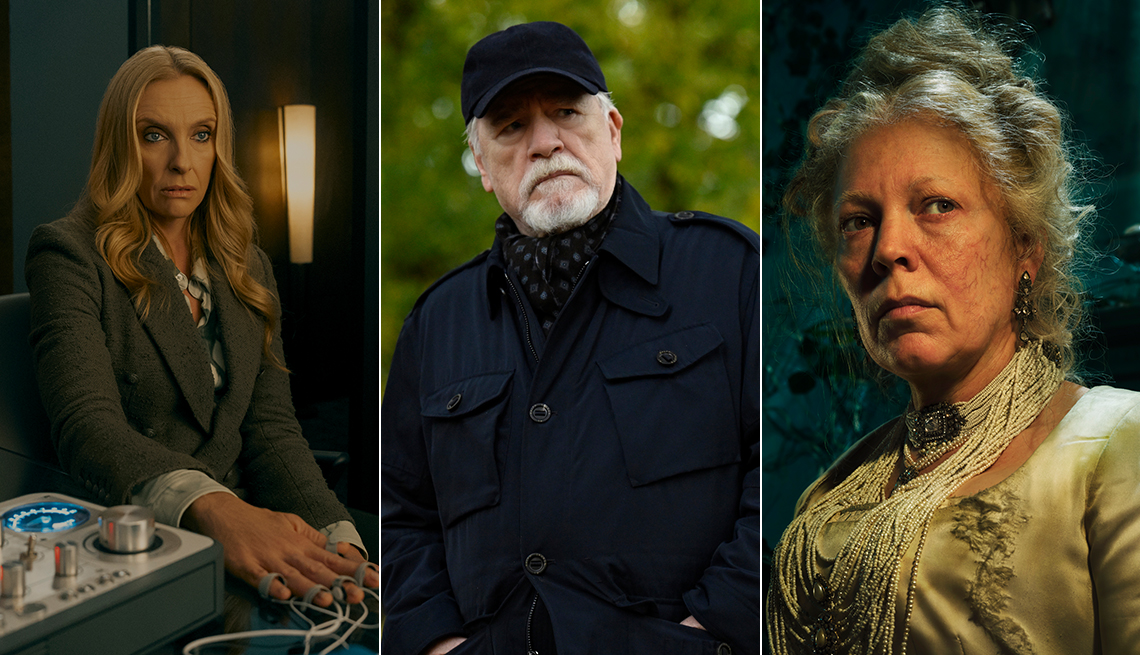 (De izquierda a derecha) Toni Collette en “The Power”; Brian Cox en “Succession”; Olivia Colman en “Great Expectations”.