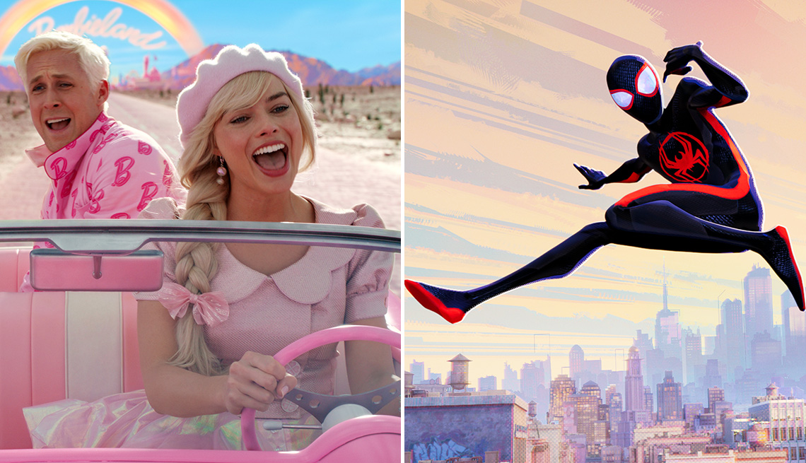 (De izquierda a derecha) Una escena de "Barbie"; una escena de "Spider-Man: Across the Spider-Verse".
