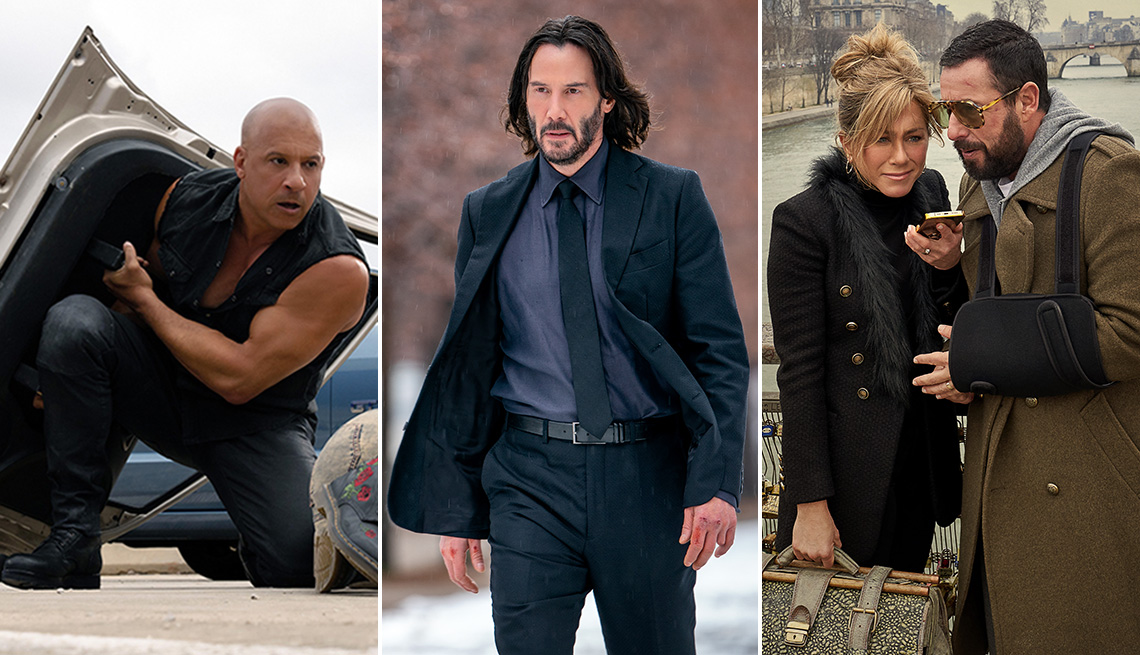 Vin Diesel en Fast X; Keanu Reeves en John Wick: Chapter 4; Jennifer Aniston y Adam Sandler en Murder Mystery 2.