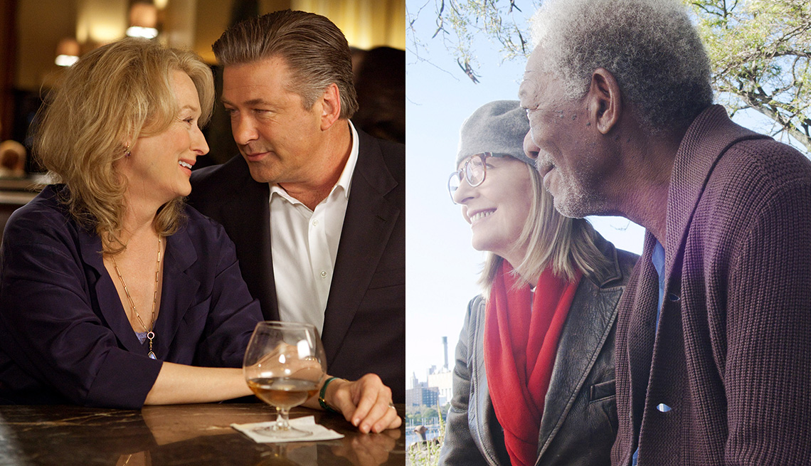 (De izquierda a derecha) Meryl Streep y Alec Baldwin en "It's Complicated" y Diane Keaton y Morgan Freeman en "5 Flights Up".