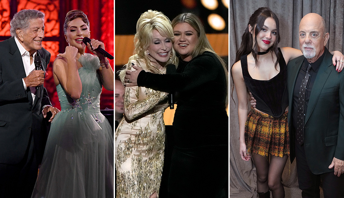 (De izquierda a derecha) Tony Bennett y Lady Gaga; Dolly Parton y Kelly Clarkson; Olivia Rodrigo y Billy Joel.