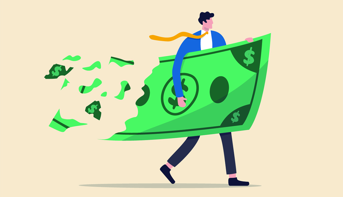 Ilustración de un hombre que lleva un billete gigante que se despedaza