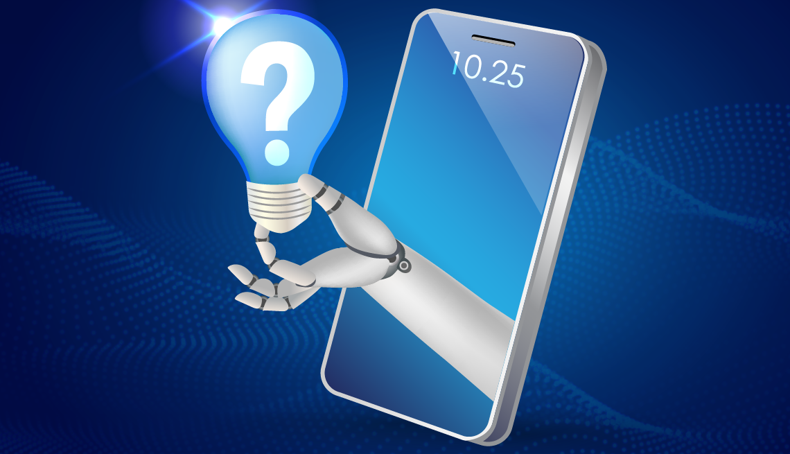 Mano robótica sale de la pantalla de un teléfono inteligente