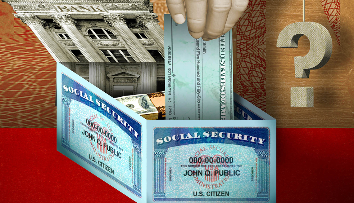 Caja hecha con tarjetas del Seguro Social, con una mano que coloca un cheque.