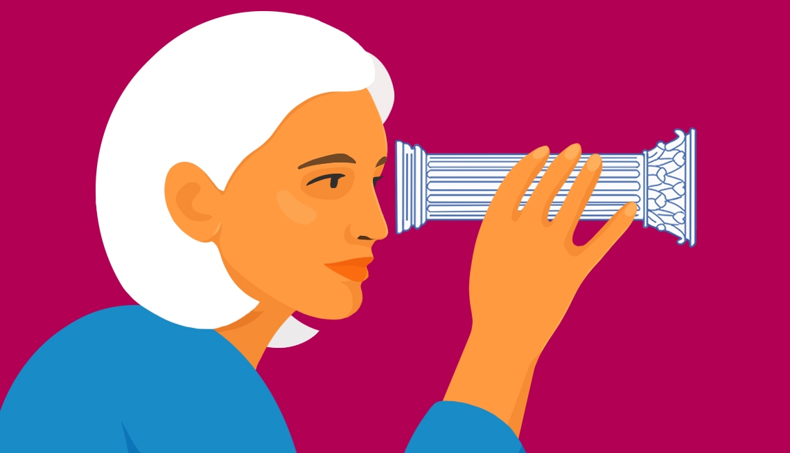 Ilustracion de una mujer mirando a traves de un telescopio con forma de columna Servicios del Seguro Social