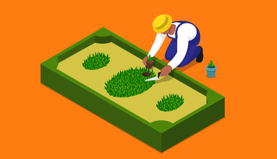 Ilustracion de un jardinero trabajando en un jardin con forma de dolar Calificando para el Seguro Social, calcula los pagos, conoce cuando presentar tu solicitud.