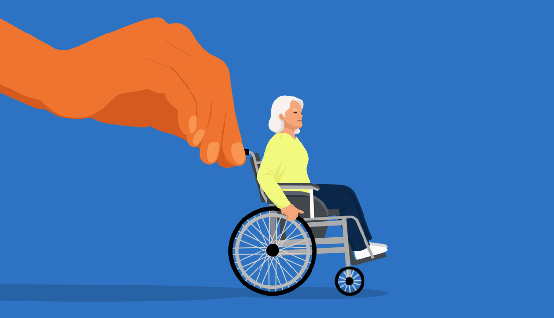 ilustracion de una mujer en silla de ruedas impulsada por una mano grande Seguro Social y reclamos por discapacidad.