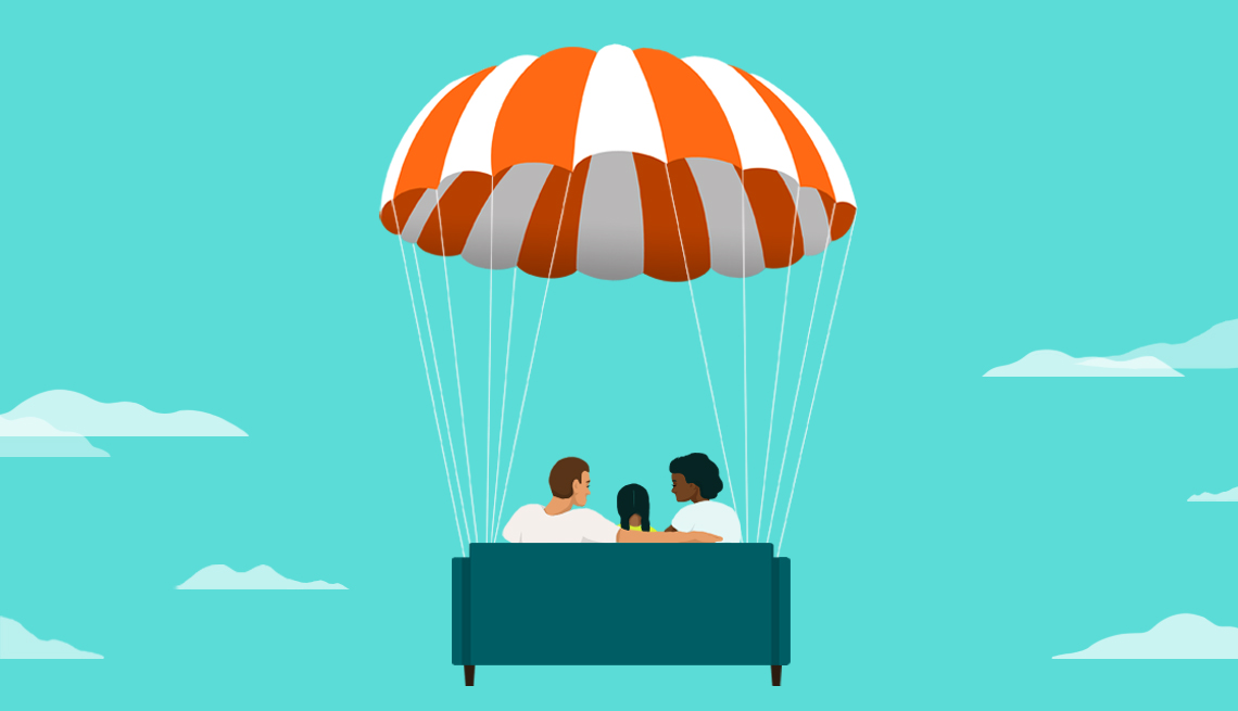 ilustracion de una familia sentada en un sofa sostenido por un paracaidas Beneficios mensuales para tu cónyuge y tus dependientes.