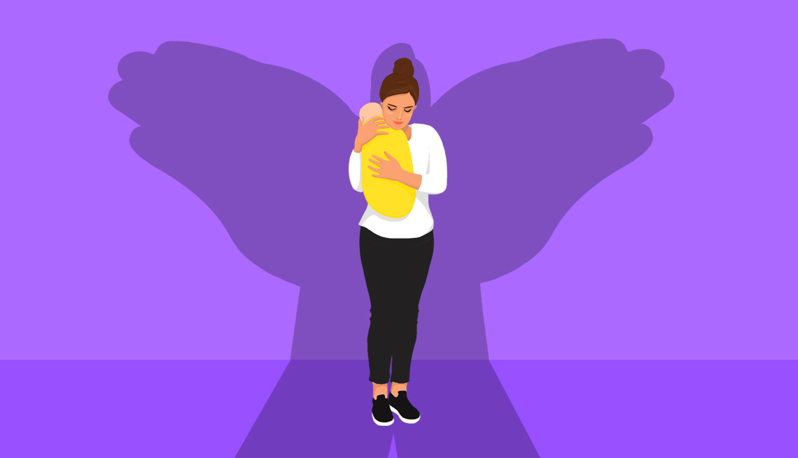 ilustracion de una mujer sosteniendo un bebe con la sombra de un angel detras de ella Seguro Social y beneficios para sobrevivientes.
