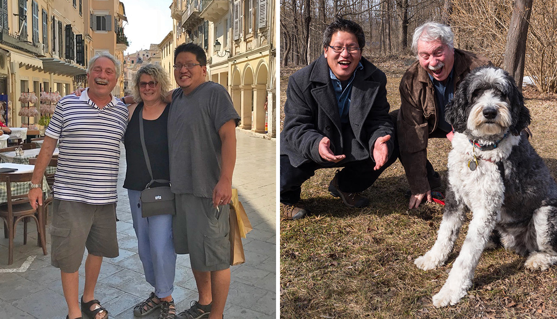 Joel, Dayle y Bart Goldstein en Grecia. (Izquierda) Bart, Joel y Nico el perro de apoyo emocional.