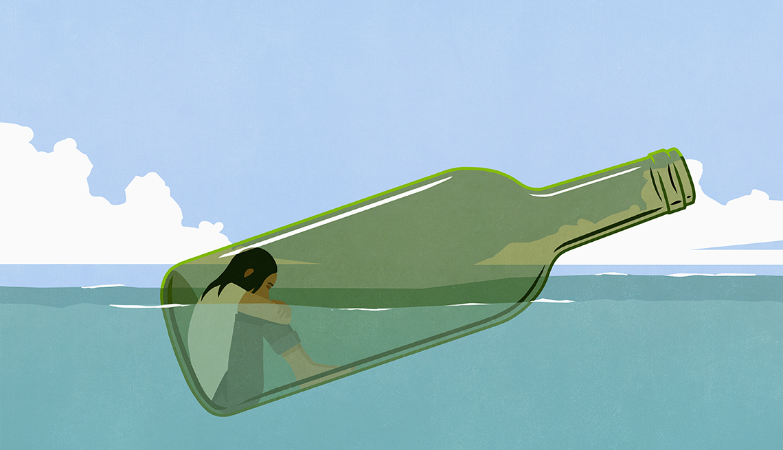 Ilustración de una persona dentro de una botella que flota en el agua