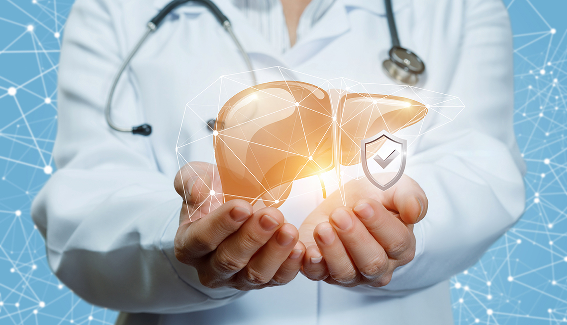 Doctor sostiene en sus manos un gráfico computadorizado de un hígado humano