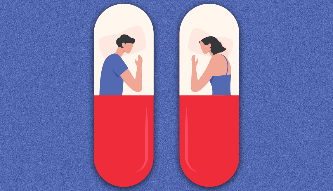 Ilustración de una pareja que duerme cada uno en una cama en forma de cápsula 