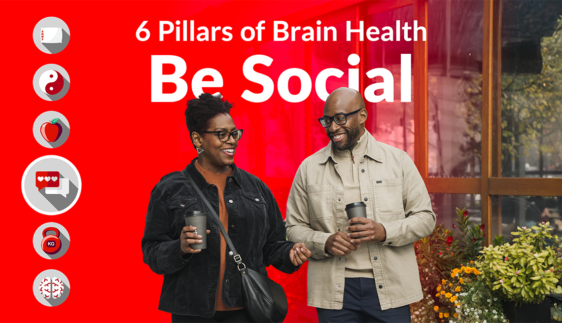 A man and woman walking together with coffees in hand and the text "6 Pillars of Brain Health Be Social" behind them