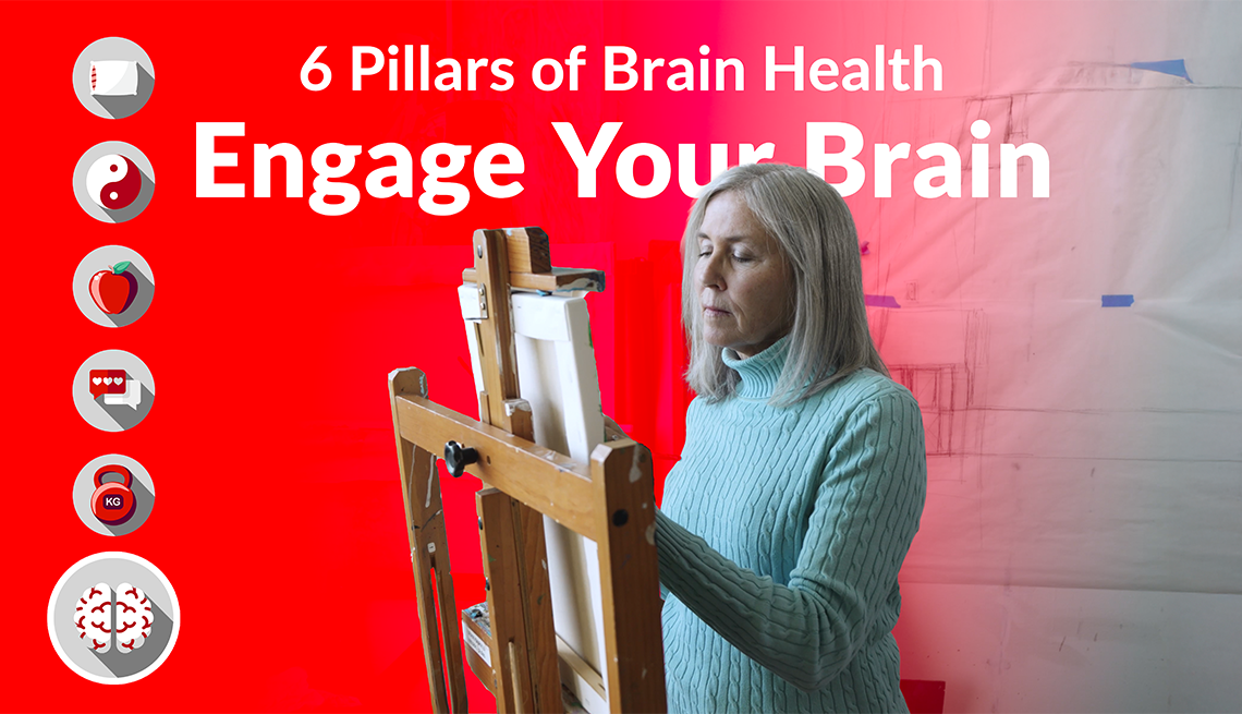 A woman painting on a canvas that's standing on a easel and the text "6 Pillars of Brain Health Engage Your Brain" behind her