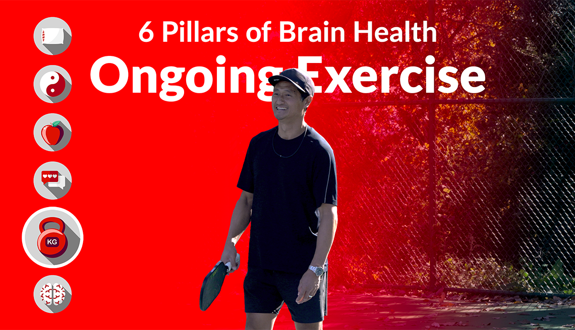A man smiling with a pickleball paddle in his hand and the text "6 Pillars of Brain Health Ongoing Exercise" behind him