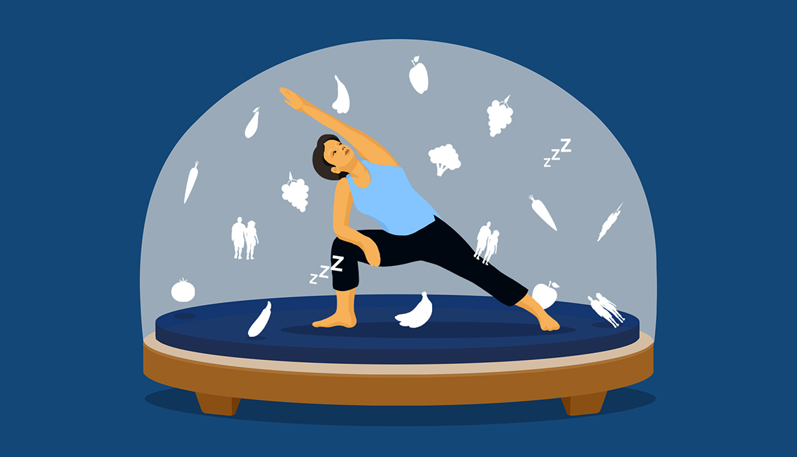 Ilustración de una mujer haciendo estiramiento dentro de un globo de nieve Ilustración de una mujer haciendo estiramiento dentro de un globo de nieve
