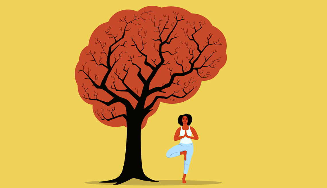 Ilustración de una mujer haciendo una pose de yoga de pie debajo de un árbol Ilustración de una mujer haciendo una pose de yoga de pie debajo de un árbol