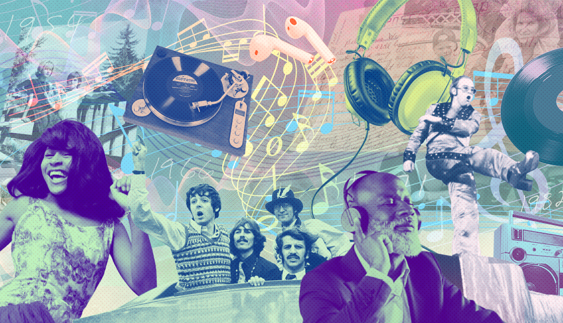 Ilustración que muestra elementos alusivos a la música, cantantes y una persona disfrutando de la música Ilustración que muestra elementos alusivos a la música, cantantes y una persona disfrutando de la música