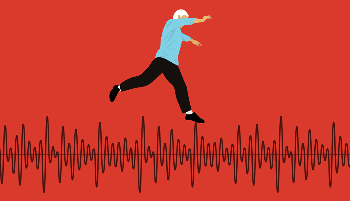 An illustration of a man leaping along sound waves An illustration of a man leaping along sound waves