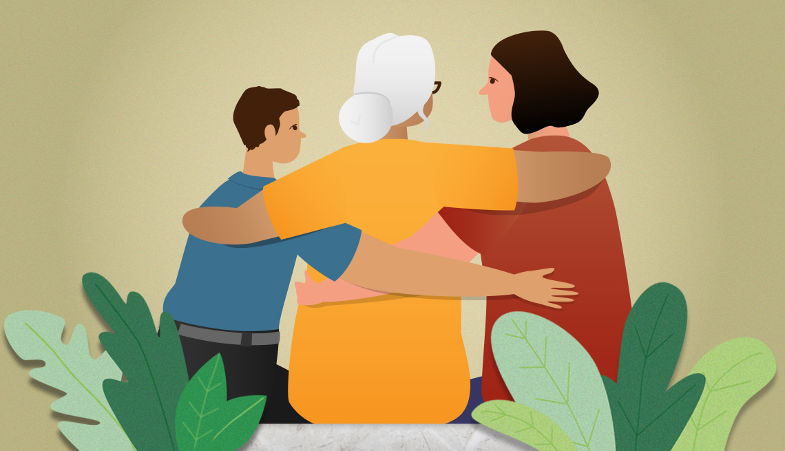 Ilustración de una abuela abrazando a su hija y nieto Ilustración de una abuela abrazando a su hija y nieto