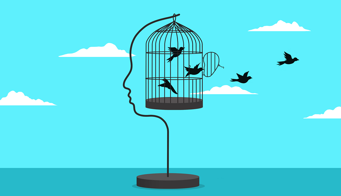 Ilustración de pájaros volando fuera de una jaula Ilustración de pájaros volando fuera de una jaula