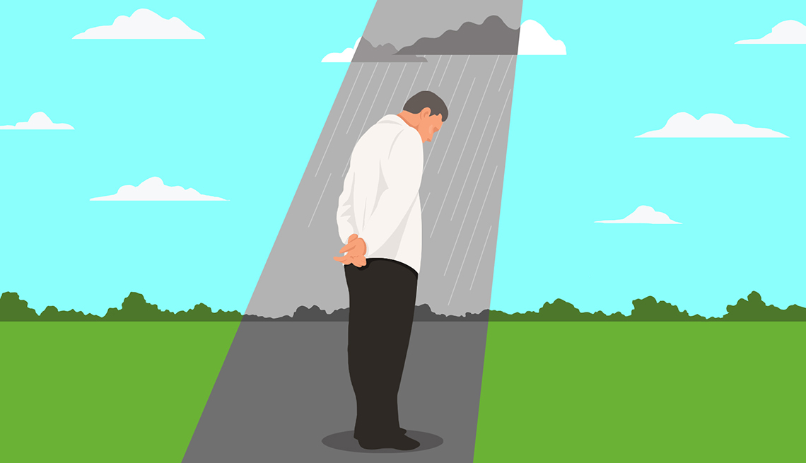 Ilustración de un hombre bajo una nube oscura y lluvia en un día soleado Ilustración de un hombre bajo una nube oscura y lluvia en un día soleado