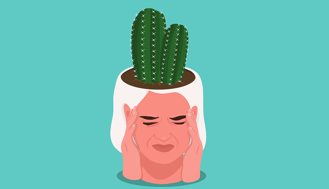Ilustración de una mujer con las manos en las sienes y un cactus saliendo de su cabeza Ilustración de una mujer con las manos en las sienes y un cactus saliendo de su cabeza
