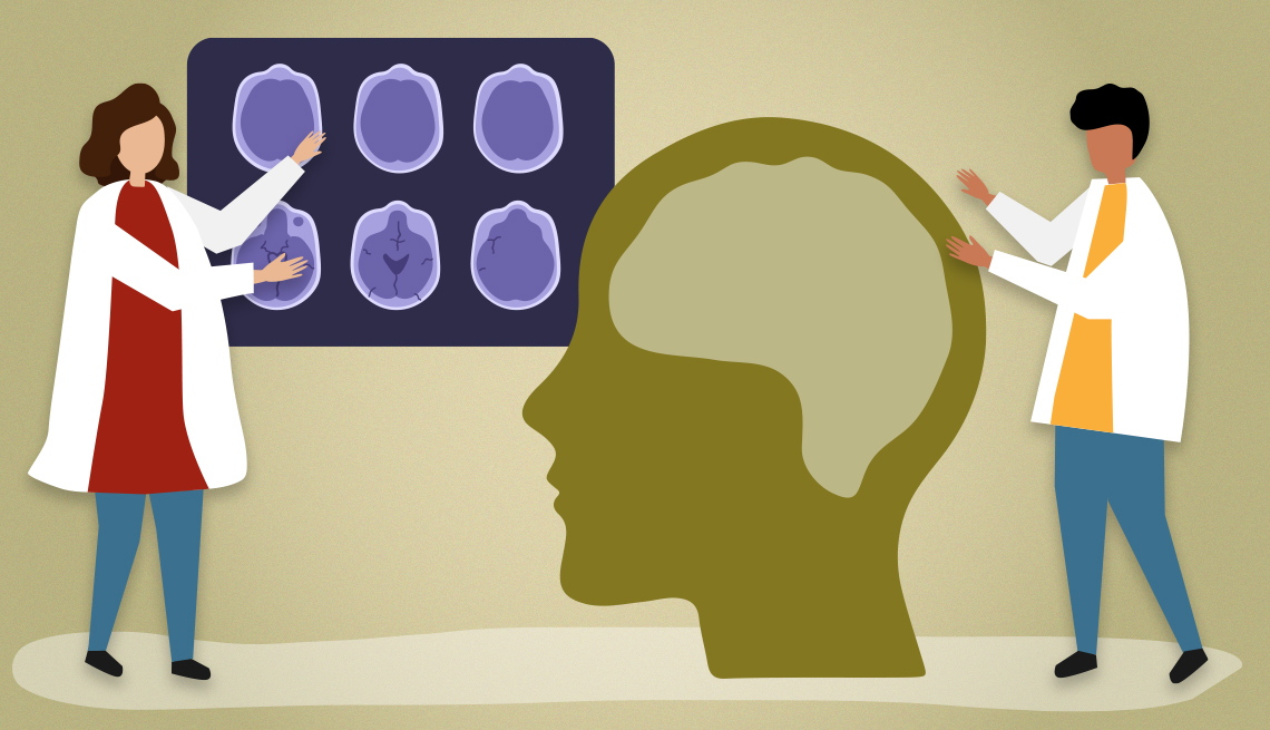 Ilustración de dos médicos estudiando el cerebro humano