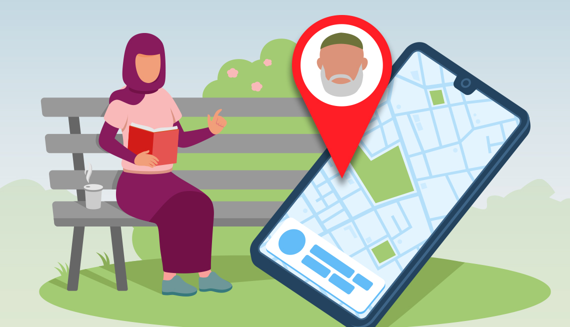 Ilustración de una mujer leyendo un libro en el parque con la imagen de un celular mostrando la ubicación de una persona mayor.
