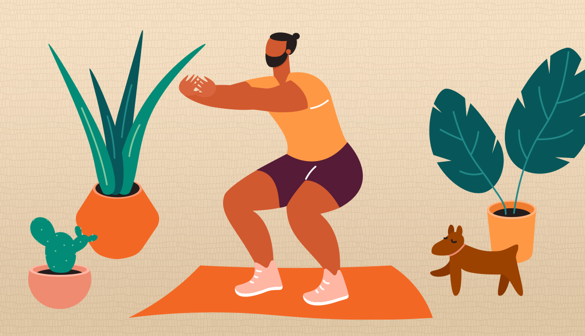 Ilustración de un hombre haciendo ejercicios de baja intensidad sobre una estera de yoga entre plantas y un perrito
 Ilustración de un hombre haciendo ejercicios de baja intensidad sobre una estera de yoga entre plantas y un perrito