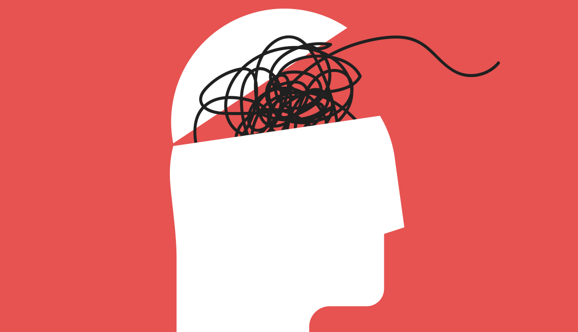 Ilustración de la cabeza humana con líneas desordenadas de pensamientos saliendo Ilustración de la cabeza humana con líneas desordenadas de pensamientos saliendo